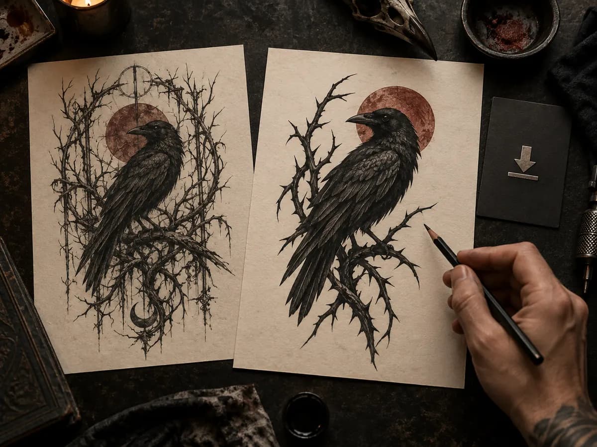 Two versions of a blackwork raven tattoo concept shown side by side