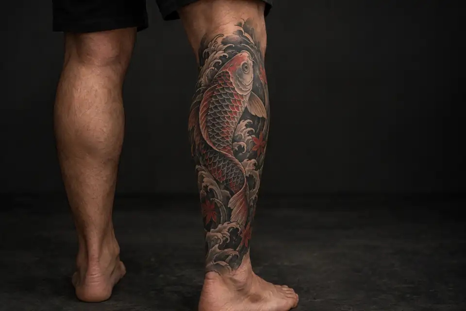 Tall Japanese-inspired koi tattoo along an adult calf