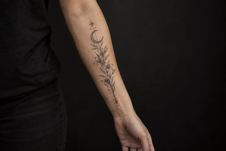 Vertical fine-line botanical tattoo on an adult outer forearm