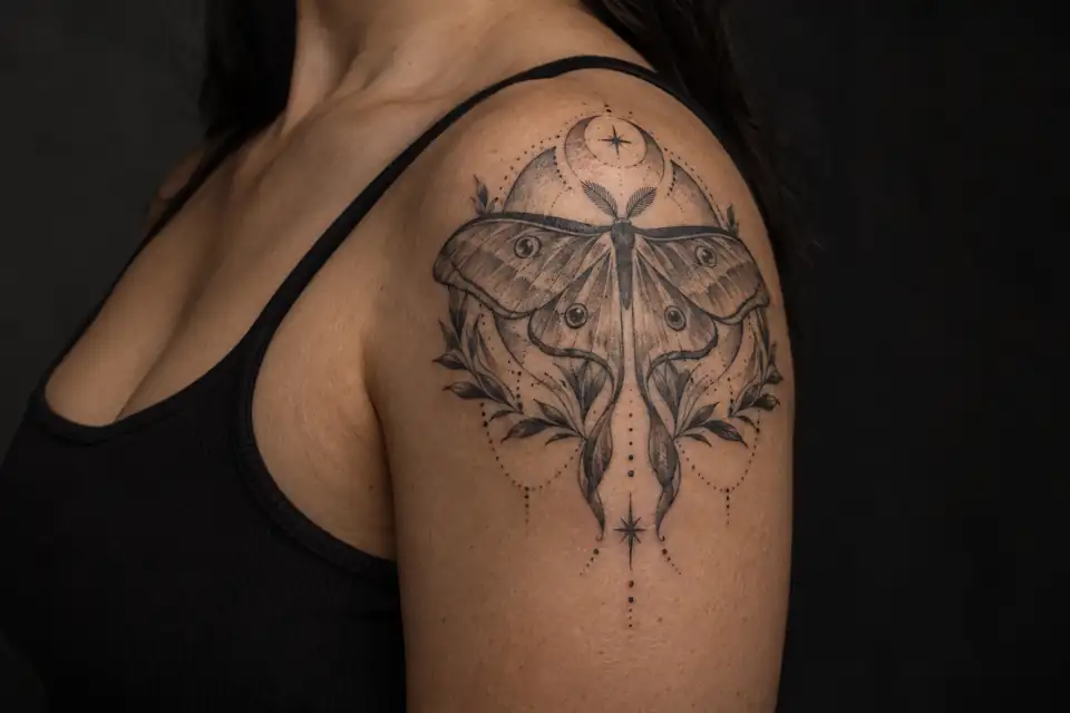 Rounded ornamental moth tattoo across an adult shoulder cap