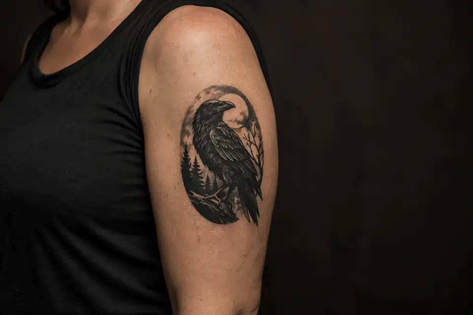 Compact blackwork raven tattoo on an adult upper arm