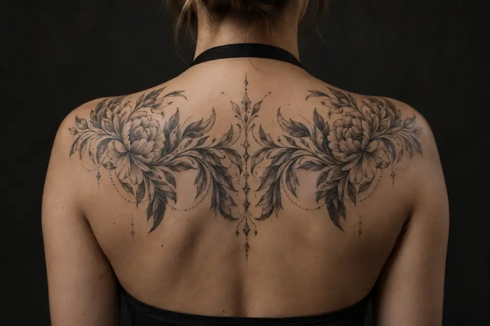 Wide symmetrical botanical tattoo across an adult upper back