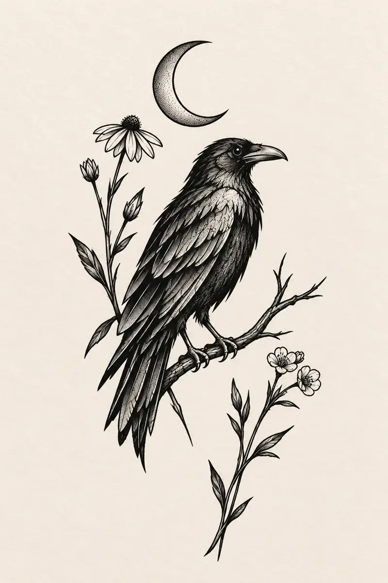 Blackwork tattoo concept developed from the rough raven sketch