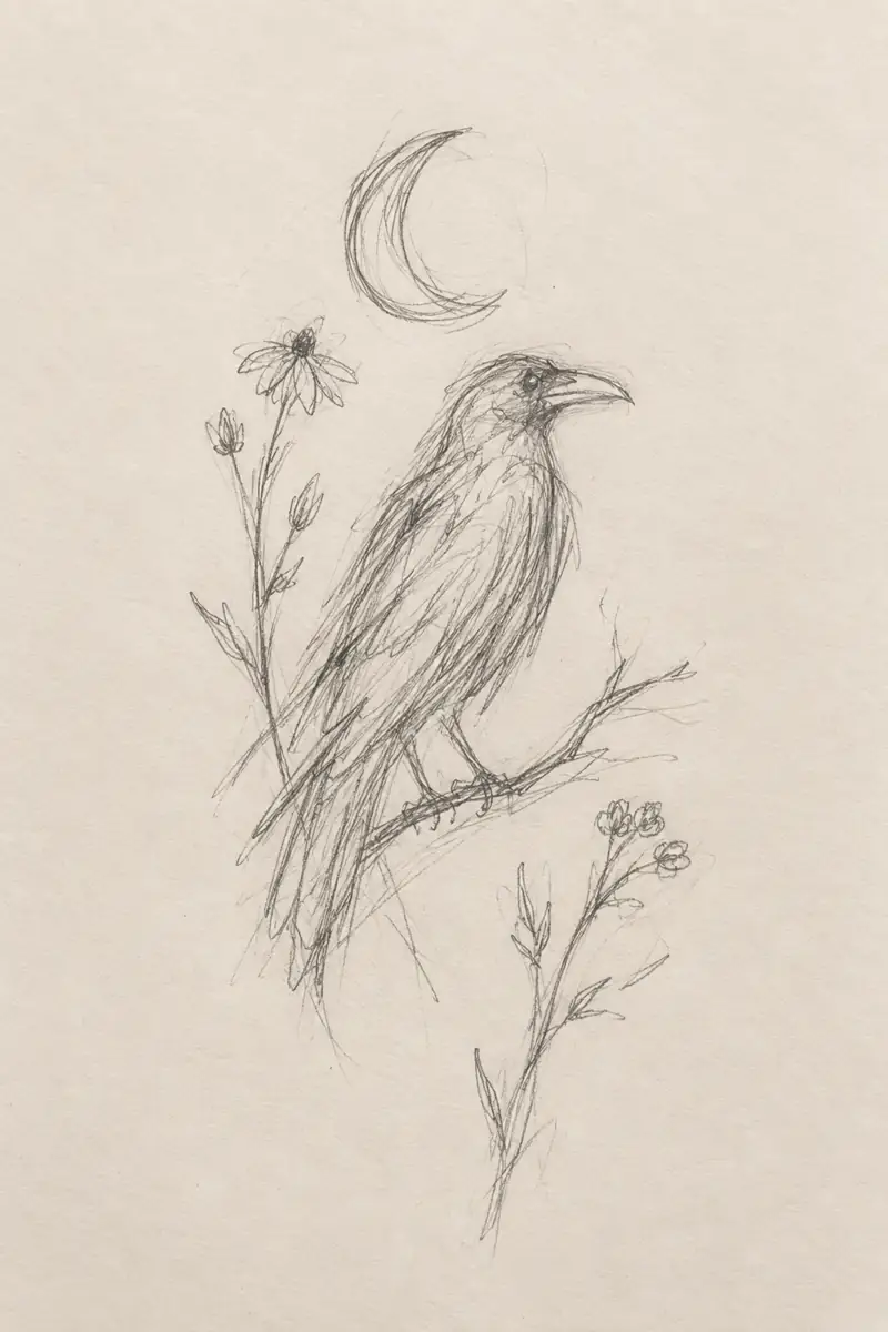 Rough pencil sketch of a raven, crescent moon, and wildflowers