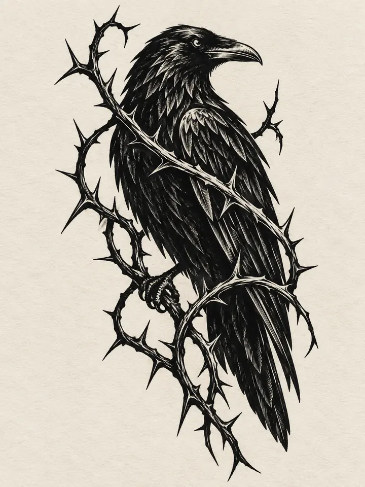 Blackwork raven surrounded by thorn branches tattoo concept