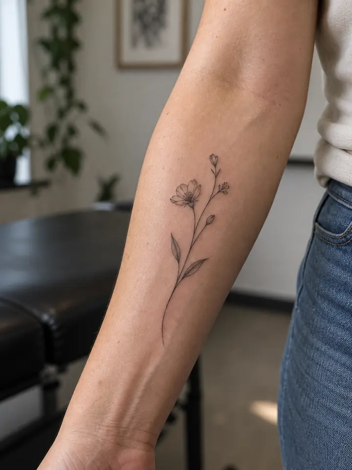Fine-line wildflower tattoo shown on an adult forearm in natural light