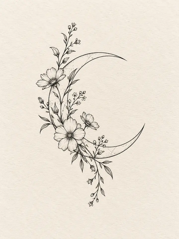 Fine-line crescent moon and wildflowers tattoo concept on warm paper