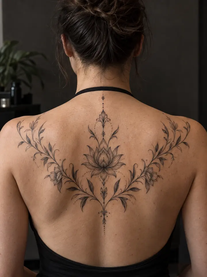 Symmetrical ornamental lotus and botanical tattoo across an adult upper back