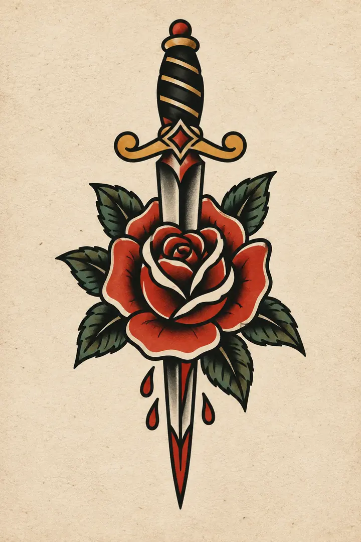 American traditional dagger and red rose tattoo flash concept