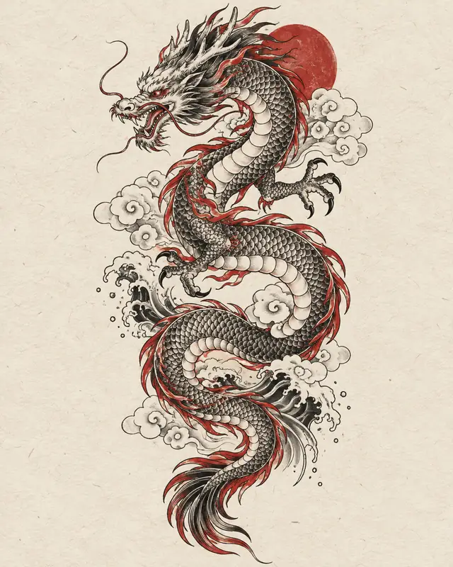 Japanese dragon with clouds and waves tattoo concept