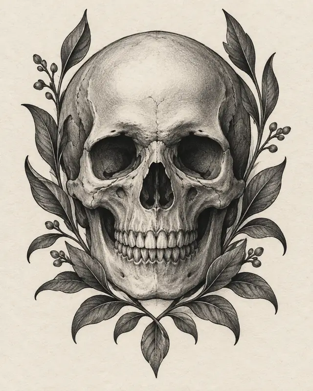 Black and grey skull with ornamental leaves tattoo concept