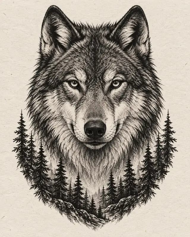 Black and grey wolf and pine forest tattoo concept