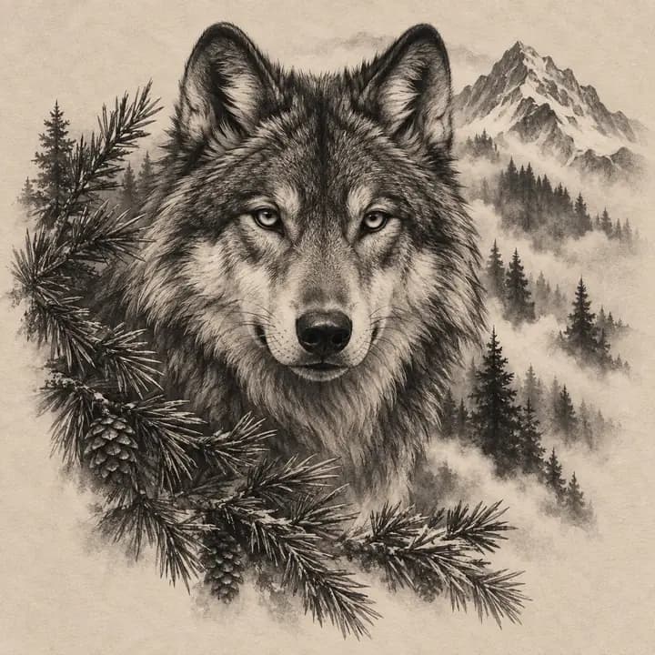 Black and grey wolf portrait with pine and mountain details