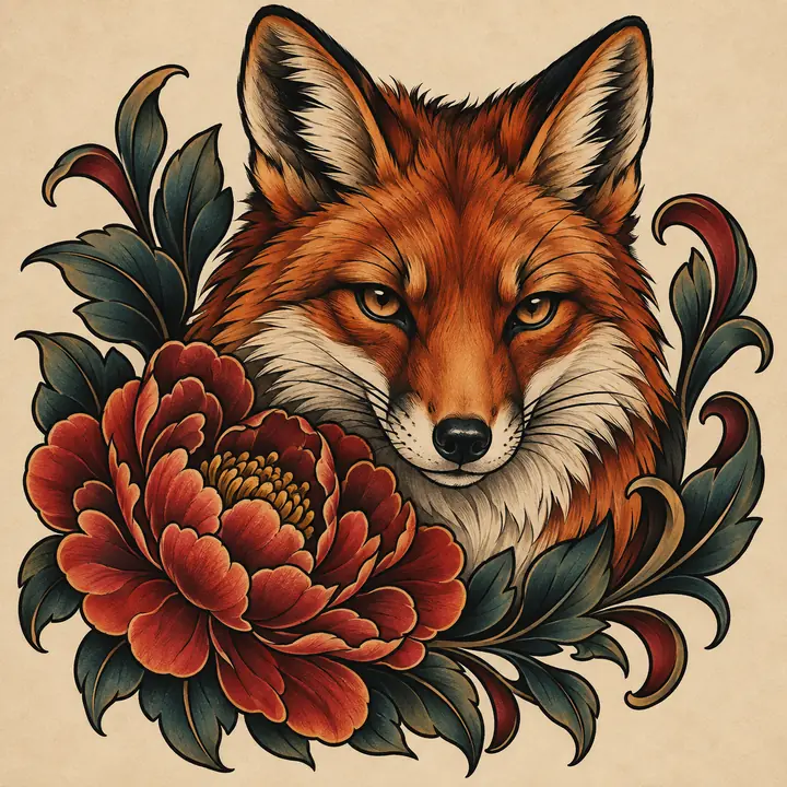 Neo-traditional fox and peony tattoo concept