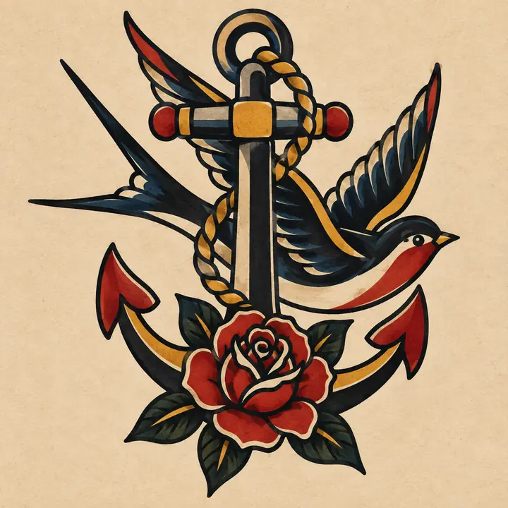 Old-school swallow, anchor, and rose tattoo flash