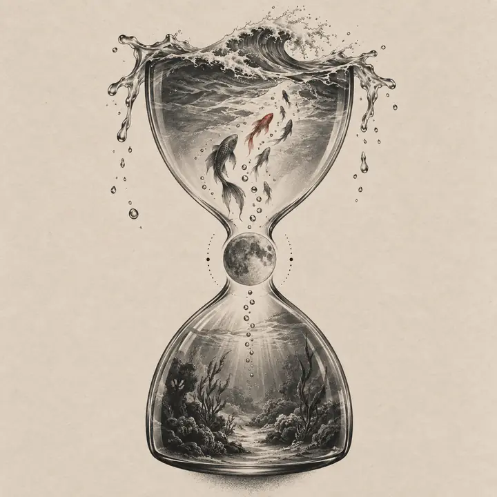 Surreal hourglass containing an ocean and moon tattoo concept
